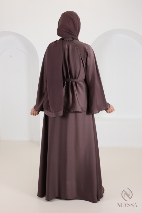 2-teilige Dubai-Kimono-Abaya mit Strasssteinen und Rüschen, Hijab