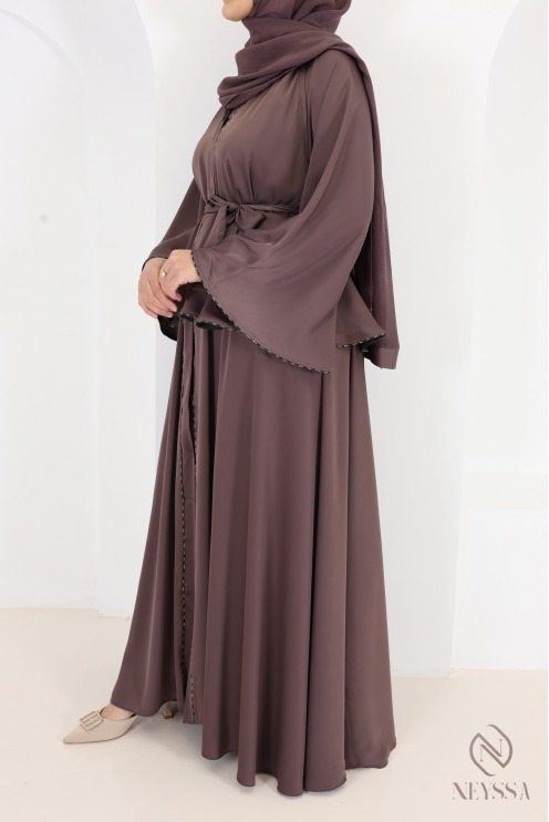 Abaya Dubaï kimono 2 pièces avec strass et volants, hijab inclus