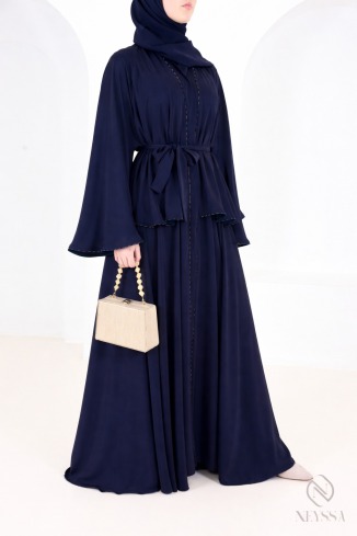 Abaya Dubai im Kimono-Stil, nachtblau, mit Strasssteinen und Rüschen 2