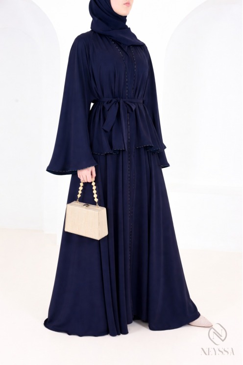 Dubai Kimono Abaya in Midnight Blue with Rhinestones and Ruffles