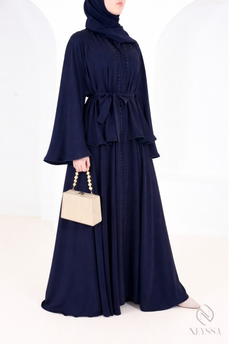 Abaya Dubai im Kimono-Stil, nachtblau, mit Strasssteinen und Rüschen