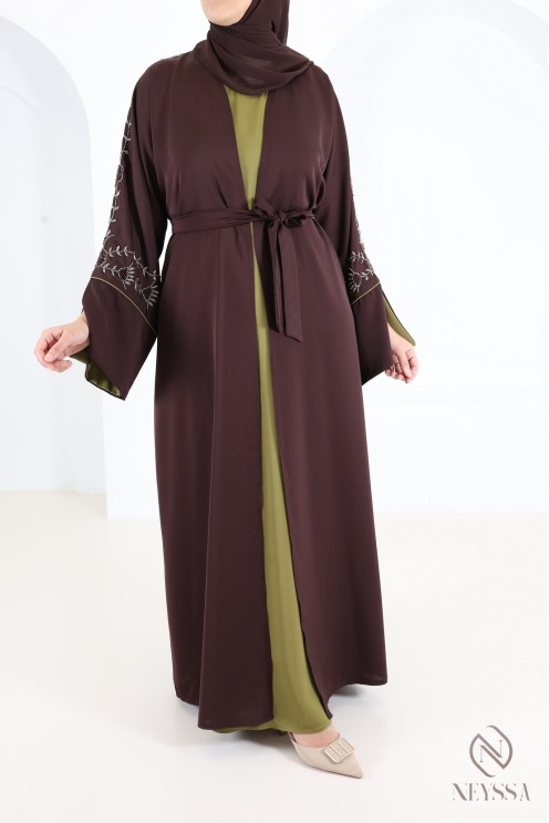 Abaya Dubaï kimono perlées 4 pièces en Nidah chocolat Dubaï