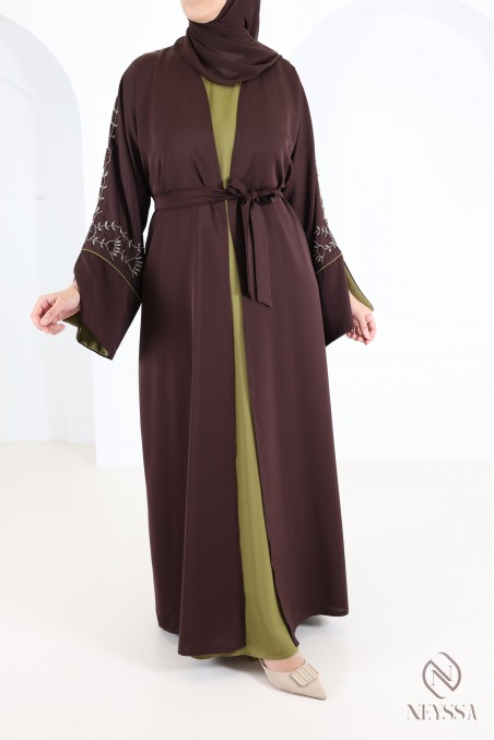 Dubai Abaya Kimono with Beading, 4-Piece Set in Chocolate Brown