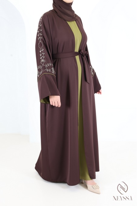 Abaya Dubaï kimono perlées 4 pièces en Nidah chocolat Dubaï