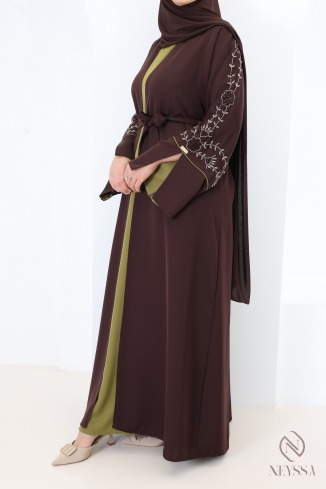 Abaya Dubaï kimono perlées 4 pièces en Nidah chocolat Dubaï