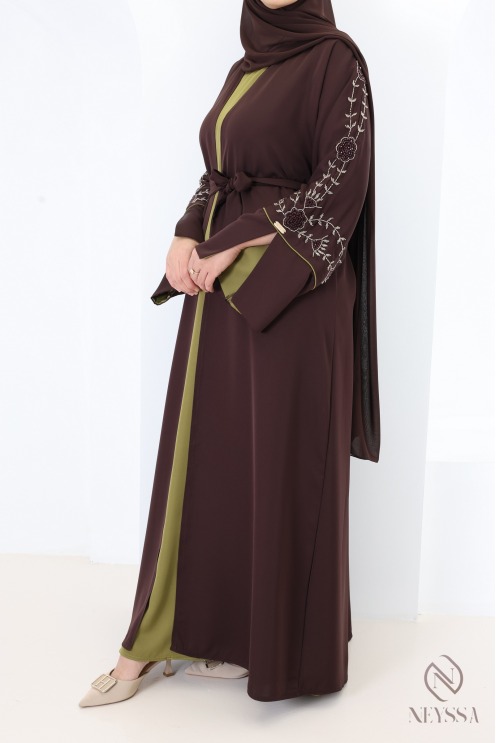 Dubai Abaya Kimono with Beading, 4-Piece Set in Chocolate Brown