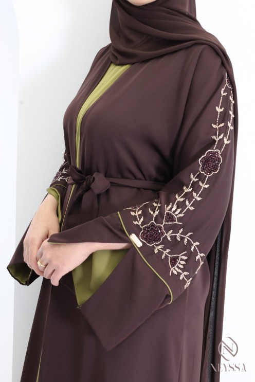 Abaya Dubaï kimono perlées 4 pièces en Nidah chocolat Dubaï