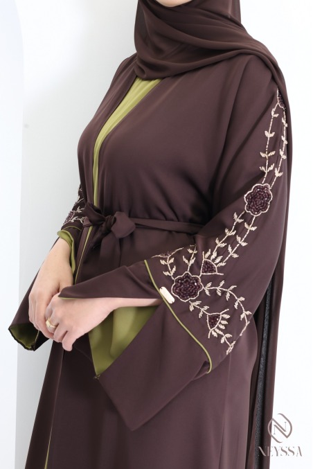 Dubai Abaya Kimono with Beading, 4-Piece Set in Chocolate Brown