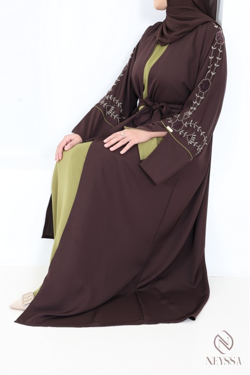 Dubai Abaya Kimono with Beading, 4-Piece Set in Chocolate Brown