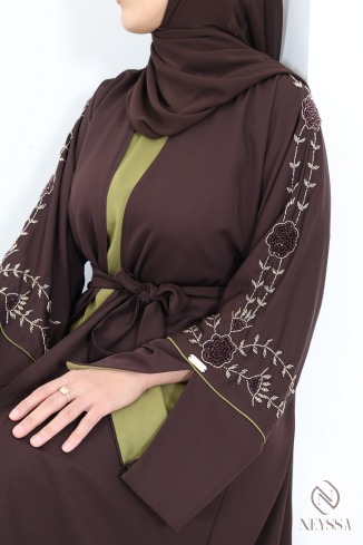 Dubai Abaya Kimono with Beading, 4-Piece Set in Chocolate Brown 2