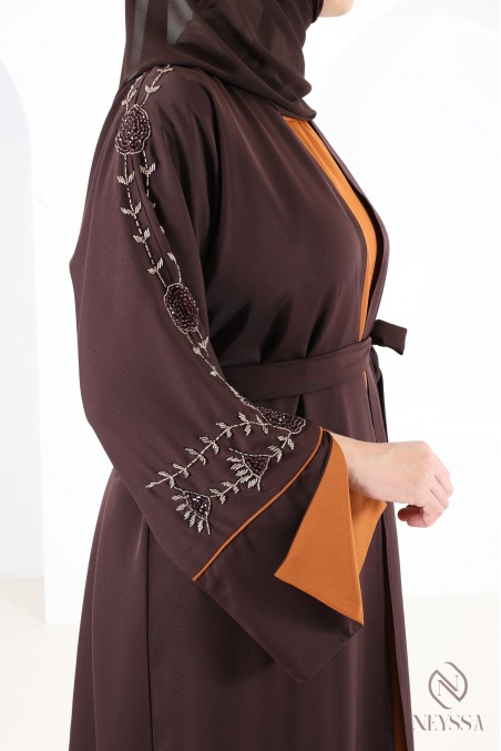 Dubai Kimono Abaya with Beading, Trendy Rust-Colored Nidah Fabric