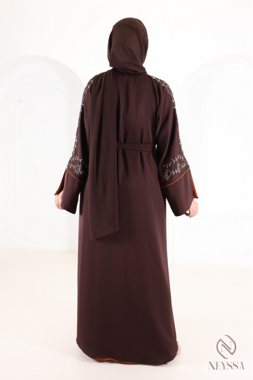 Dubai Kimono Abaya with Beading, Trendy Rust-Colored Nidah Fabric