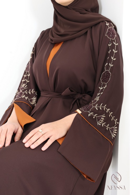 Dubai Kimono Abaya with Beading, Trendy Rust-Colored Nidah Fabric