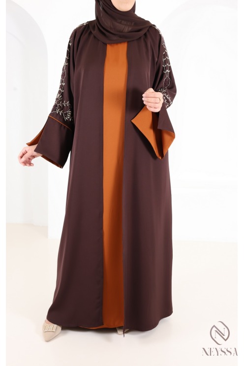 Dubai Kimono Abaya with Beading, Trendy Rust-Colored Nidah Fabric