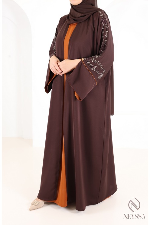 Dubai Kimono Abaya with Beading, Trendy Rust-Colored Nidah Fabric