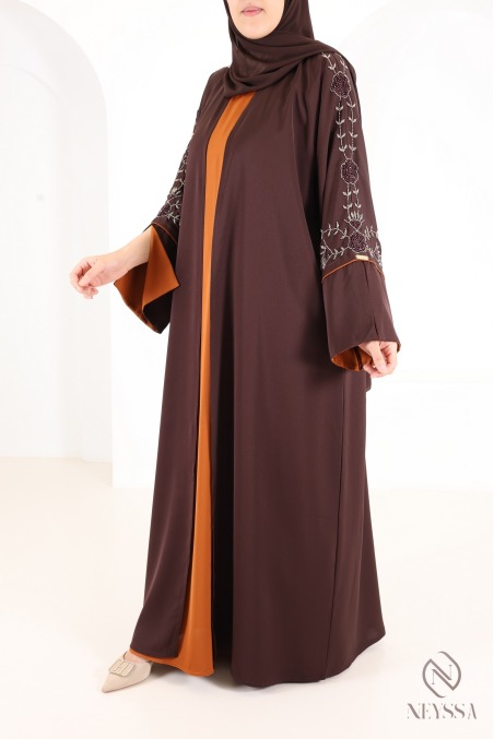Dubai Kimono Abaya with Beading, Trendy Rust-Colored Nidah Fabric