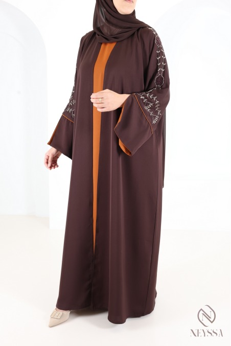 Dubai Kimono Abaya with Beading, Trendy Rust-Colored Nidah Fabric