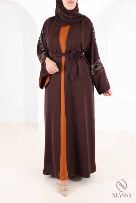 Dubai Kimono Abaya with Beading, Trendy Rust-Colored Nidah Fabric
