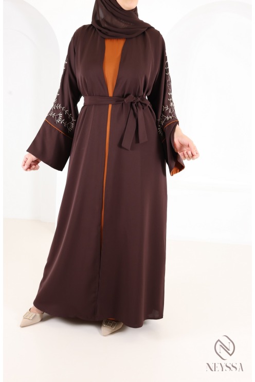 Dubai Kimono Abaya with Beading, Trendy Rust-Colored Nidah Fabric