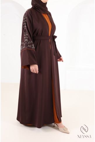 Dubai Kimono Abaya with Beading, Trendy Rust-Colored Nidah Fabric