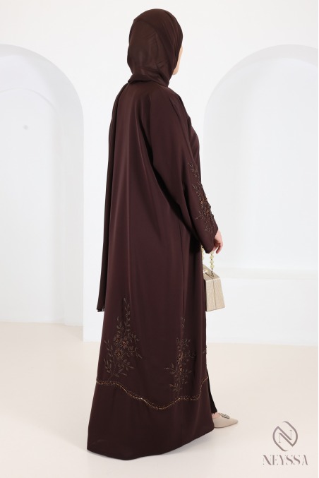 Chocolate-colored Dubai kimono-style Abaya in Khaleeji style