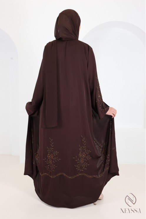 Abaya Dubaï kimono chocolat style khaleeji avec perlage brodée