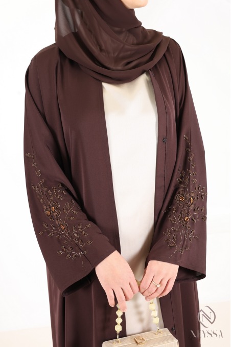 Abaya Dubaï kimono chocolat style khaleeji avec perlage brodée