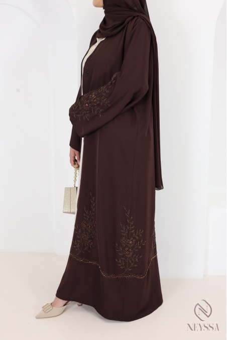 Chocolate-colored Dubai kimono-style Abaya in Khaleeji style
