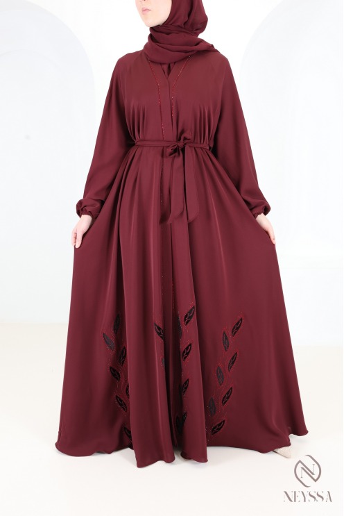 Dubai Bordeaux Nidah Kimono Abaya with Velvet Embroidery and strass
