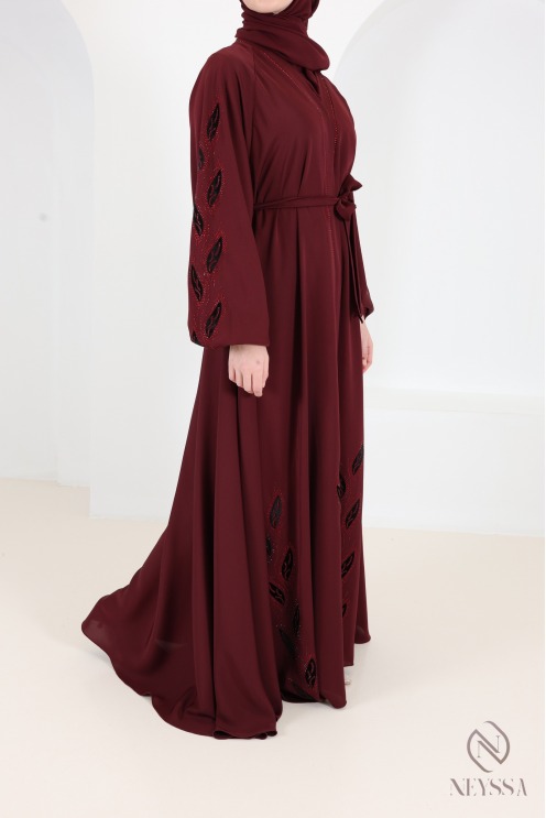 Dubai Bordeaux Nidah Kimono Abaya with Velvet Embroidery and strass