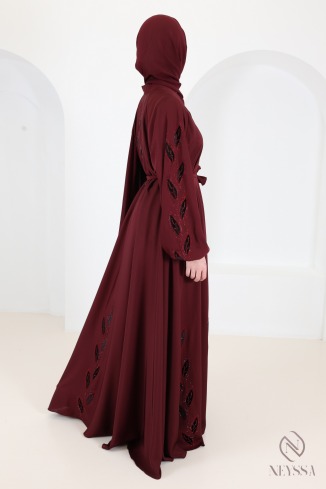 Dubai Bordeaux Nidah Kimono Abaya with Velvet Embroidery and strass 2