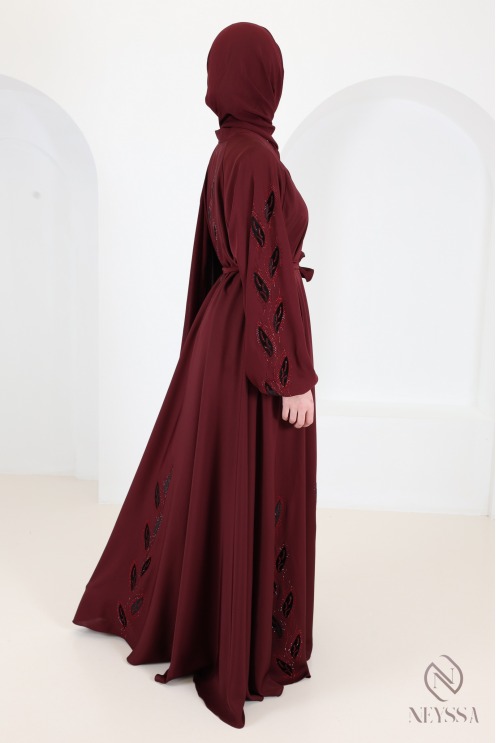 Dubai Bordeaux Nidah Kimono Abaya with Velvet Embroidery and strass