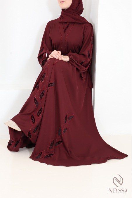 Dubai Bordeaux Nidah Kimono Abaya with Velvet Embroidery and strass