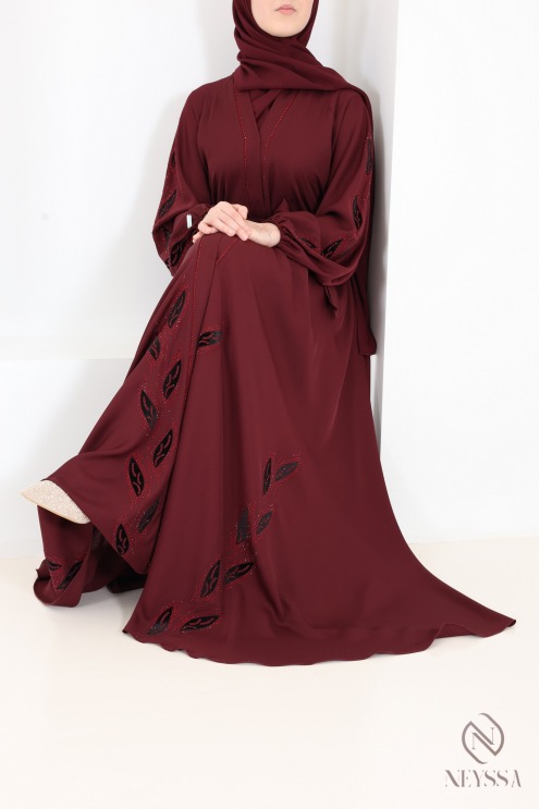 Dubai Bordeaux Nidah Kimono Abaya with Velvet Embroidery and strass