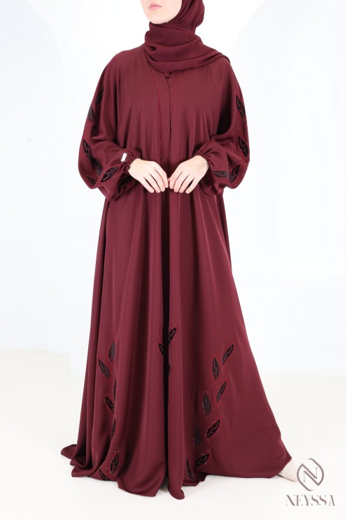 Dubai Bordeaux Nidah Kimono Abaya with Velvet Embroidery and strass