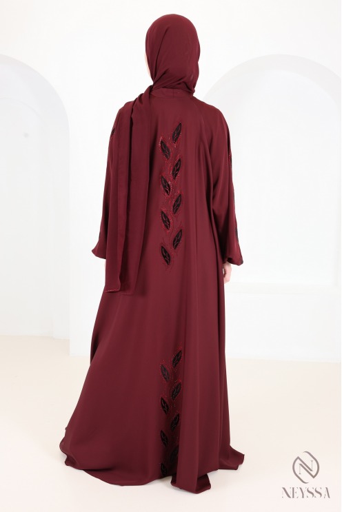 Abaya kimono Dubaï Bordeaux Nidah avec broderie en velours et strass