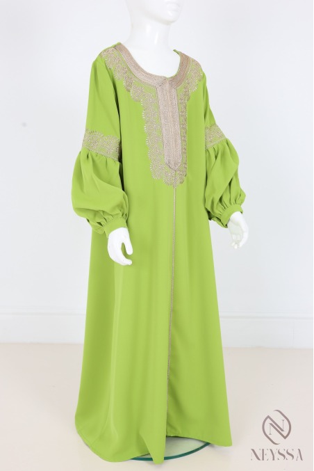 Caftan-style embroidered abaya for girls, with puff sleeves
