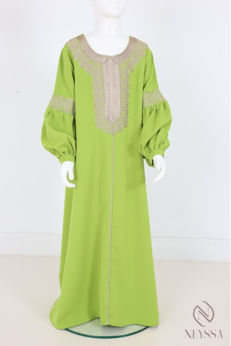 Abaya im Kaftan-Stil mit Stickerei für Mädchen, Puffärmel