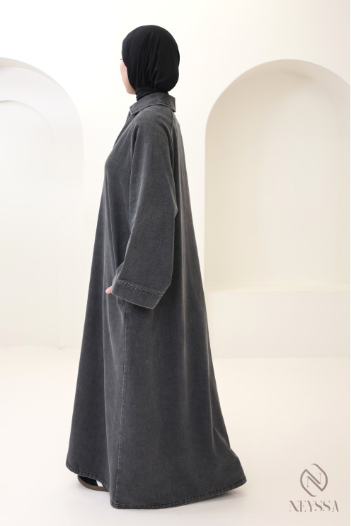 Robe longue en jean 100% coton à col chemise, tenue printemps femme