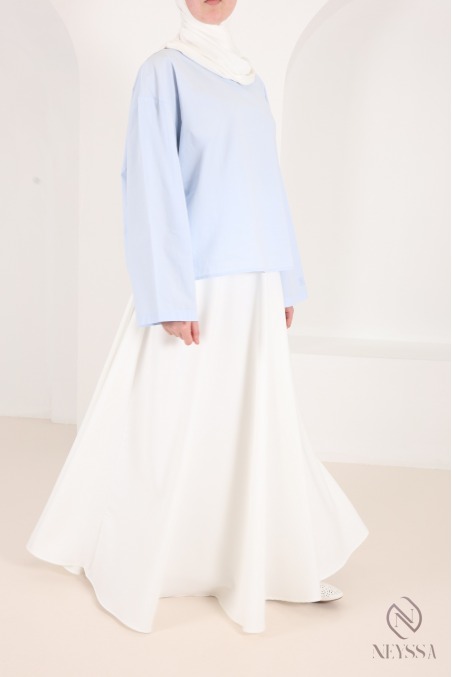 Jupe longue taille haute élastique, tissu crêpe, évasée avec poches