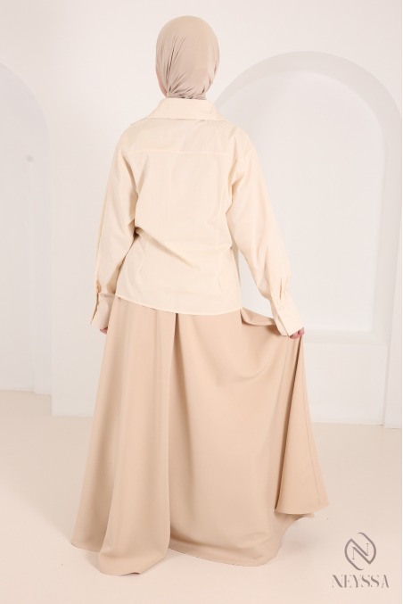 Jupe longue taille haute élastique, tissu crêpe, évasée avec poches