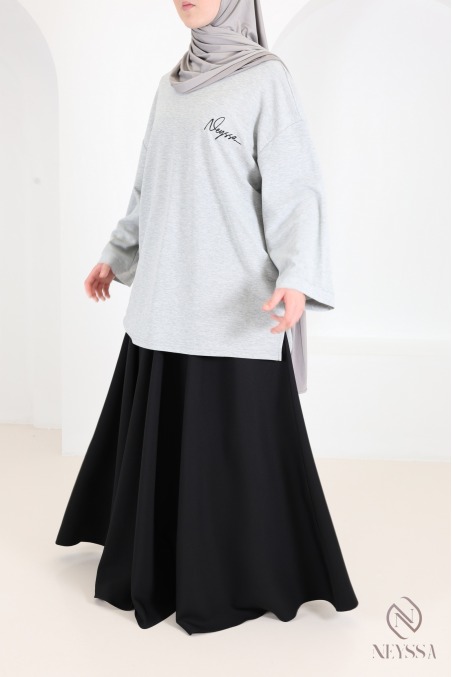 Jupe longue taille haute élastique, tissu crêpe, évasée avec poches