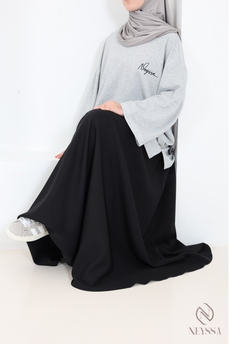 Jupe longue taille haute élastique, tissu crêpe, évasée avec poches