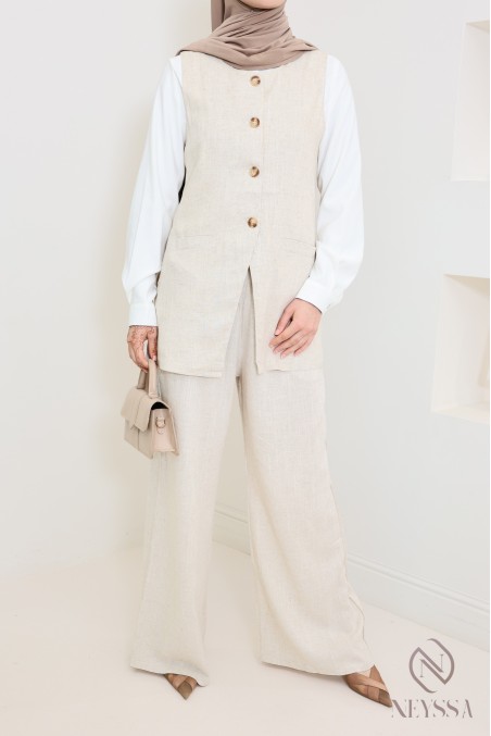 Women's loose-fitting linen pants with elastic waistband and pockets