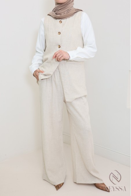 Pantalon femme en lin ample taille élastique avec poches idéal été