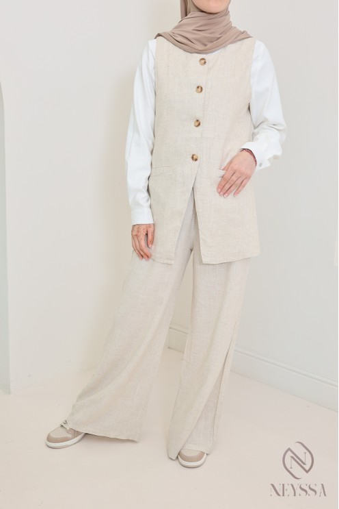 Pantalon femme en lin ample taille élastique avec poches idéal été