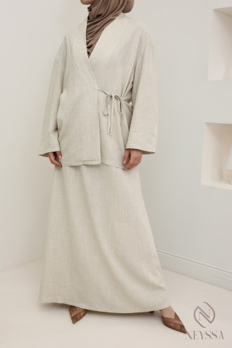 Elegant beige linen-effect top with tie, ideal for everyday wear