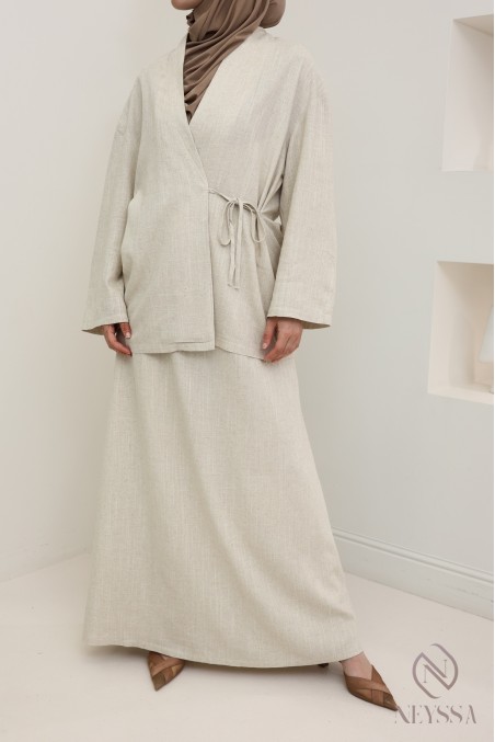 Elegant beige linen-effect top with tie, ideal for everyday wear