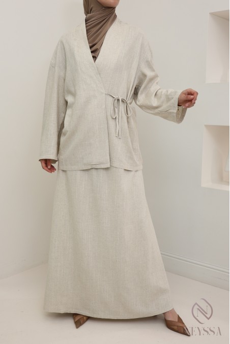 Elegant beige linen-effect top with tie, ideal for everyday wear