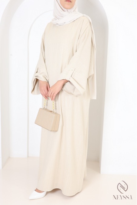 Long abaya dress with gold stripes, cotton blend, lightweight fabric